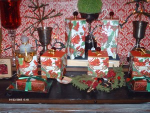 Michel lotions ,soaps ,matches ,journals  ,  candles and vase. In decorated containers . also Drawer liners and Bridges cards and tally's